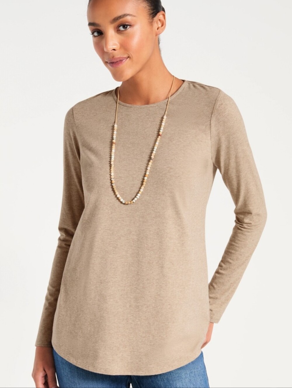 Pure  Jill Scoop Neck Long Sleeve Shirtail Tee in Taupe Heather Sz L NWT